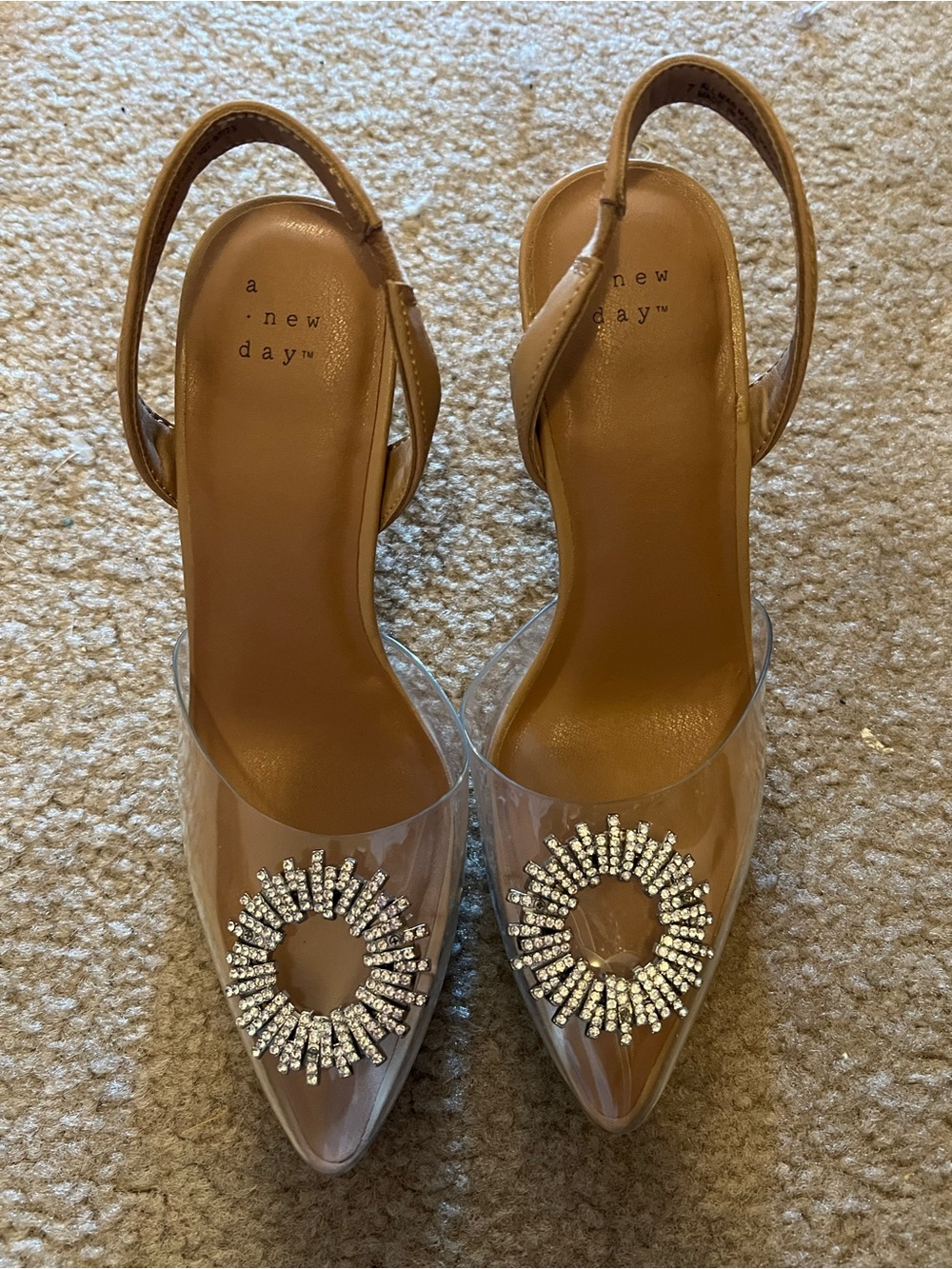 a new day Tan Slingback Pumps with Clear Upper and Crystal Sunburst